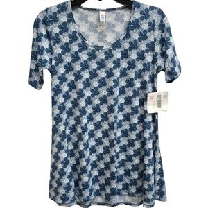 LuLaRoe NWT Perfect T Printed Blue & White Short Sleeve Scoop Neck Swing Top XXS